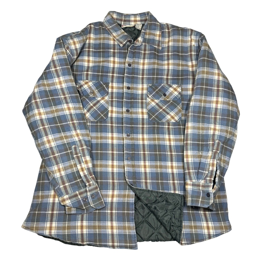 Sports Afield Men XL Quilted Flannel Shirt Jacket Blue Plaid Cotton Padded Lined